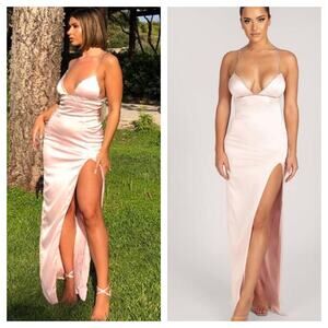 NWT Meshki Matalie Diamante Trim Pink Satin Maxi Dress Medium Wedding Gown